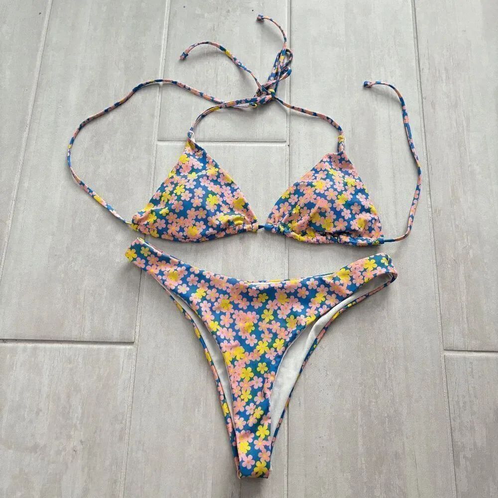 Women's SHEIN Bikini Set Summer Beach Ditsy Floral Halter Triangle Medium